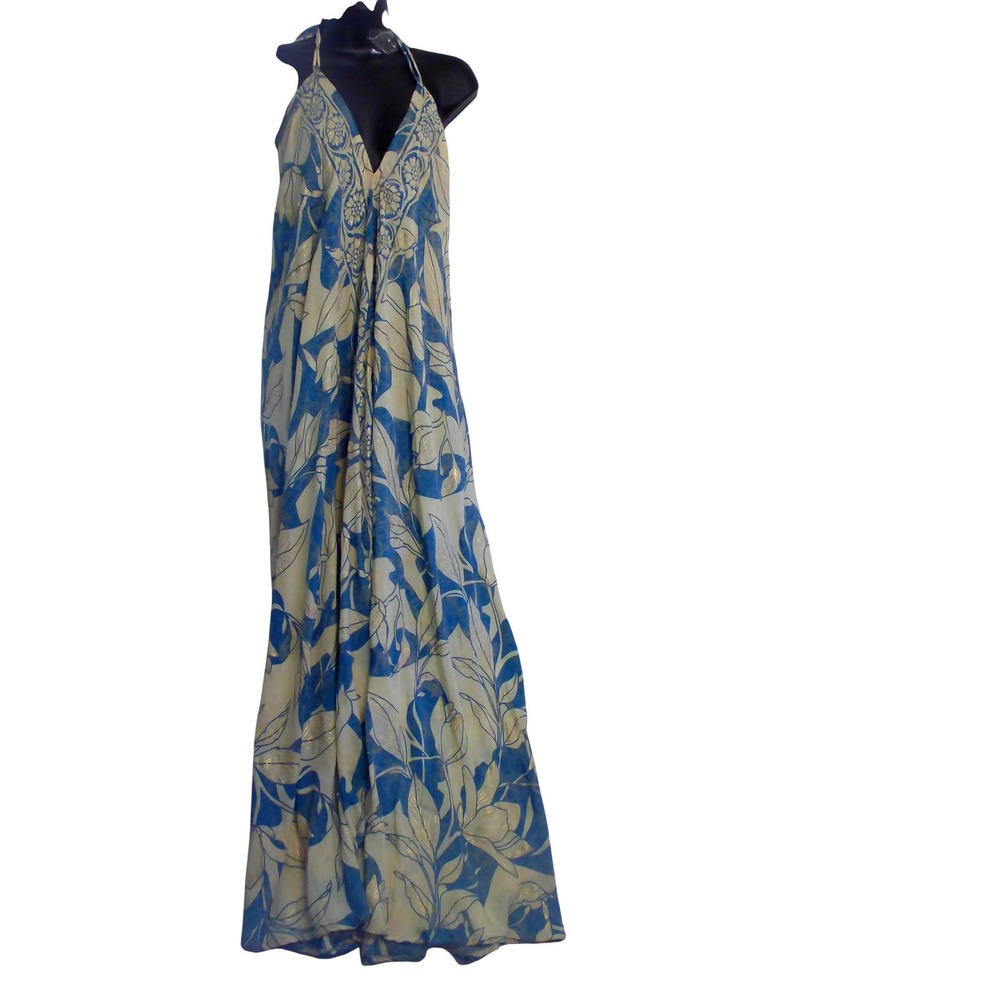 India Boutique Blue Cream Gold Floral Halter Maxi Dress Backless Tassels 13409